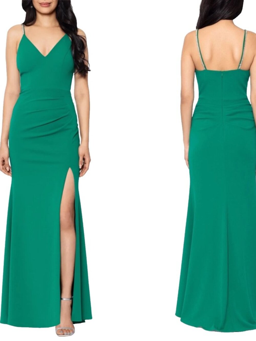 NEW XSCAPE Green EMBELLISHED Crystal Strap GATHERED Scuba Crepe TRUMPET GOWN 10
